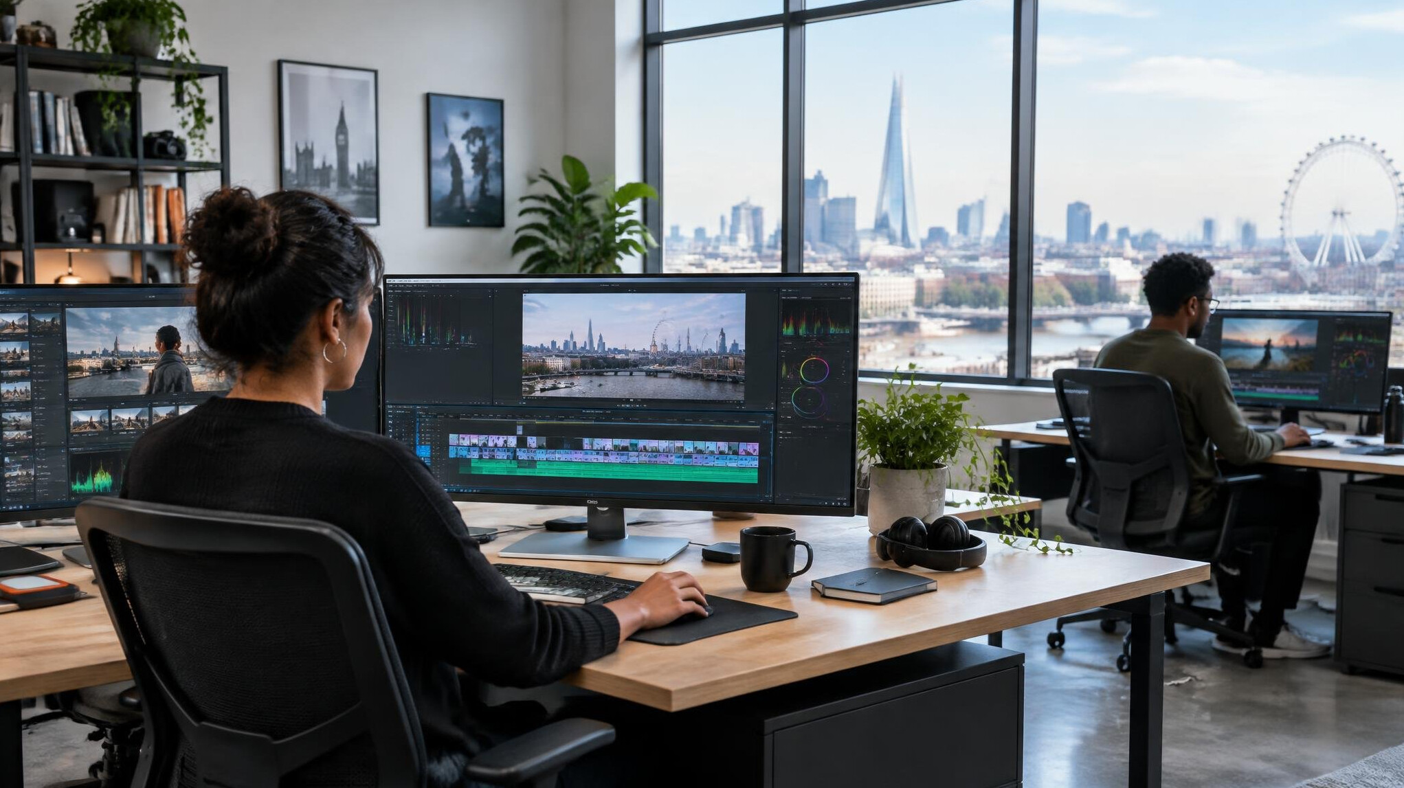 Modern media production studio office with desks and monitors