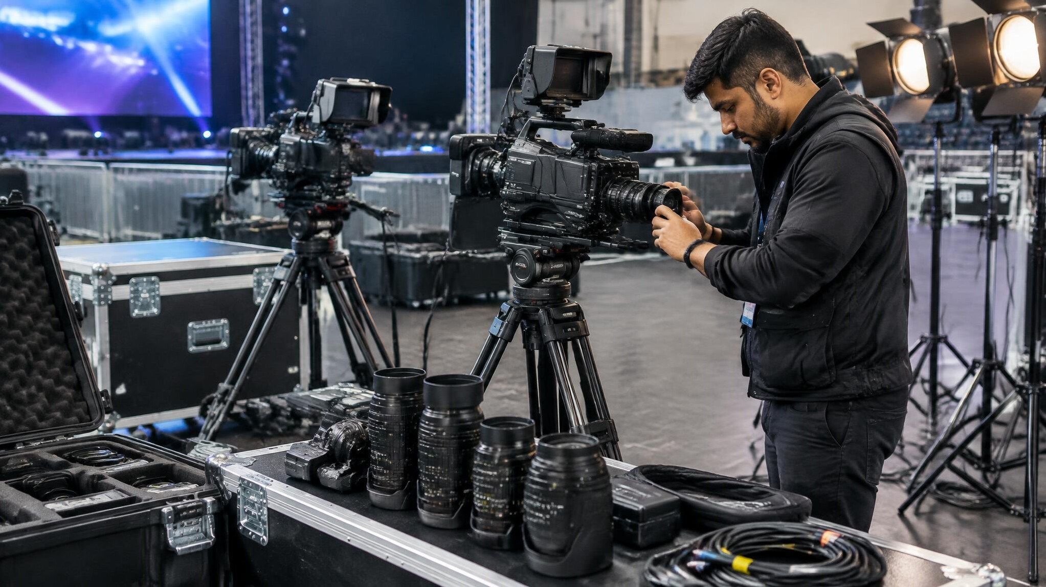 Professional camera and lighting equipment prepared for event coverage