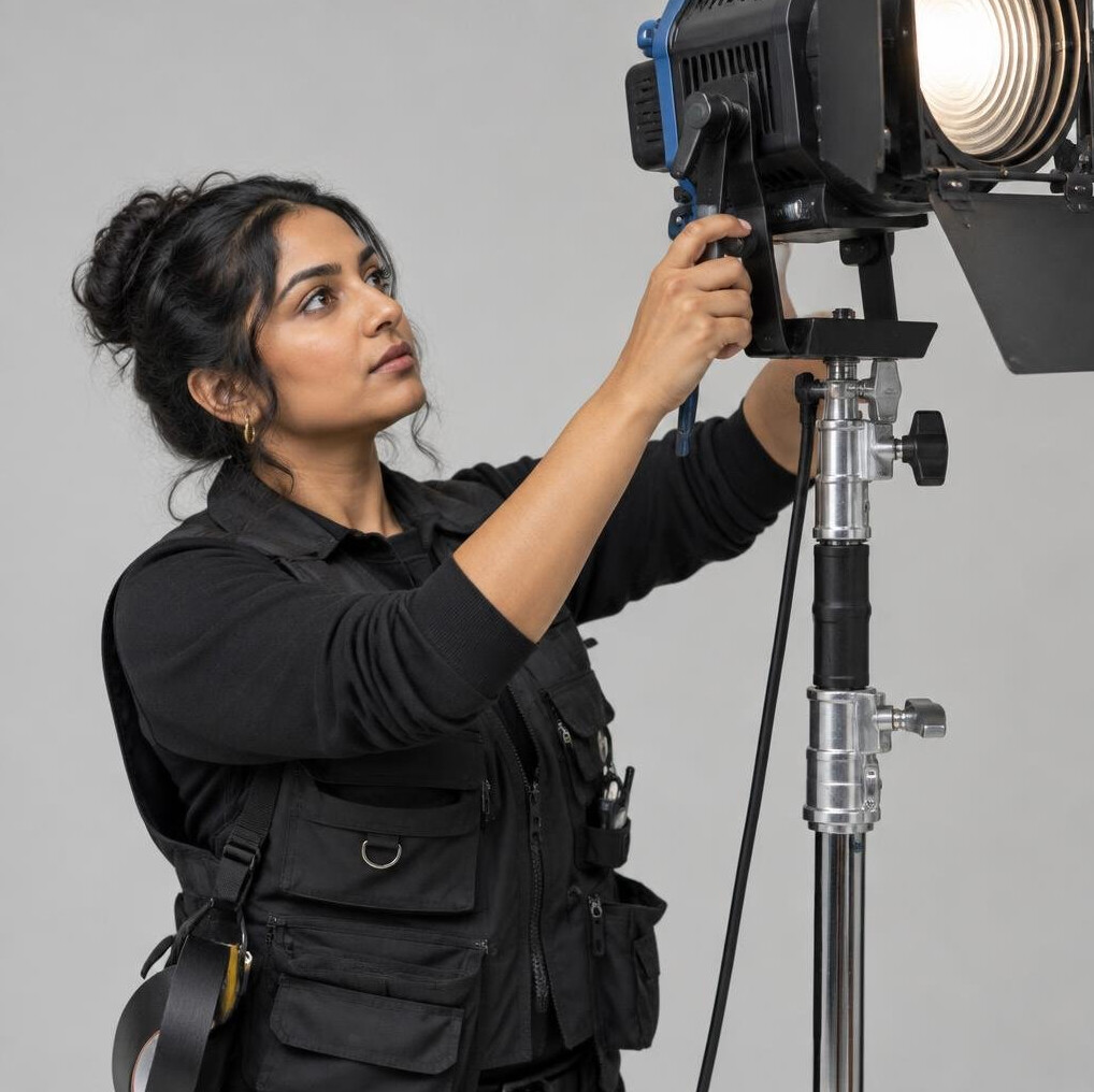 British lighting technician adjusting a studio light rig