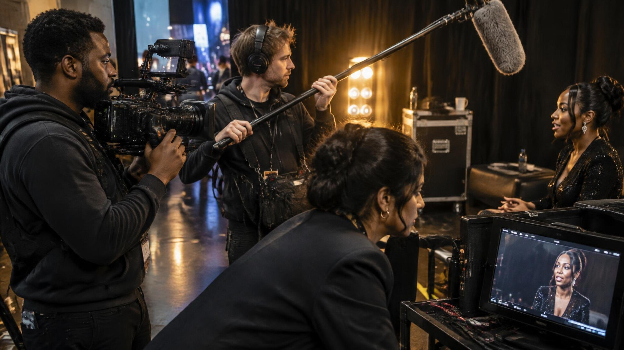 Camera crew filming a celebrity-style interview backstage