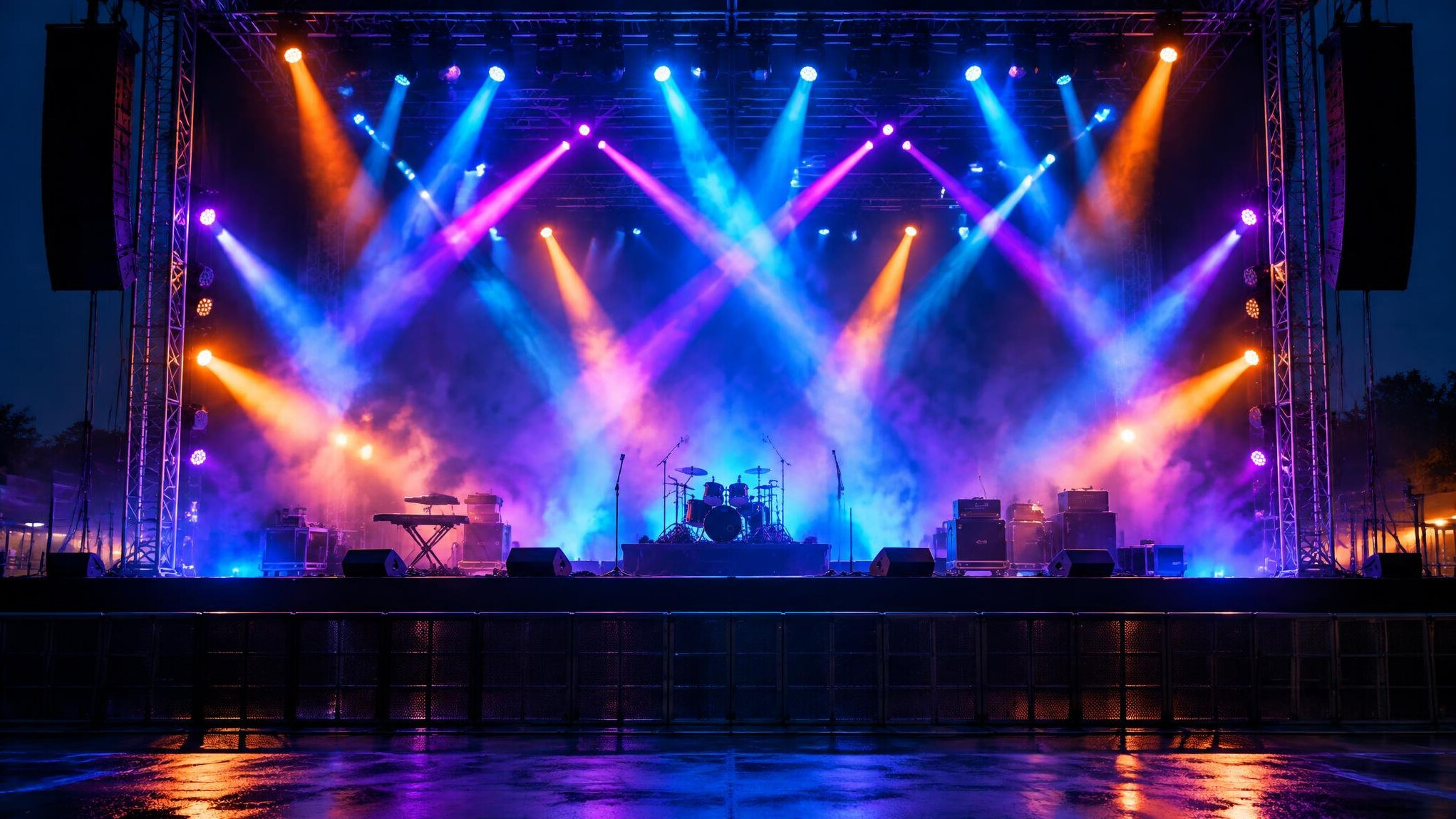 Concert stage with colourful lighting beams at night