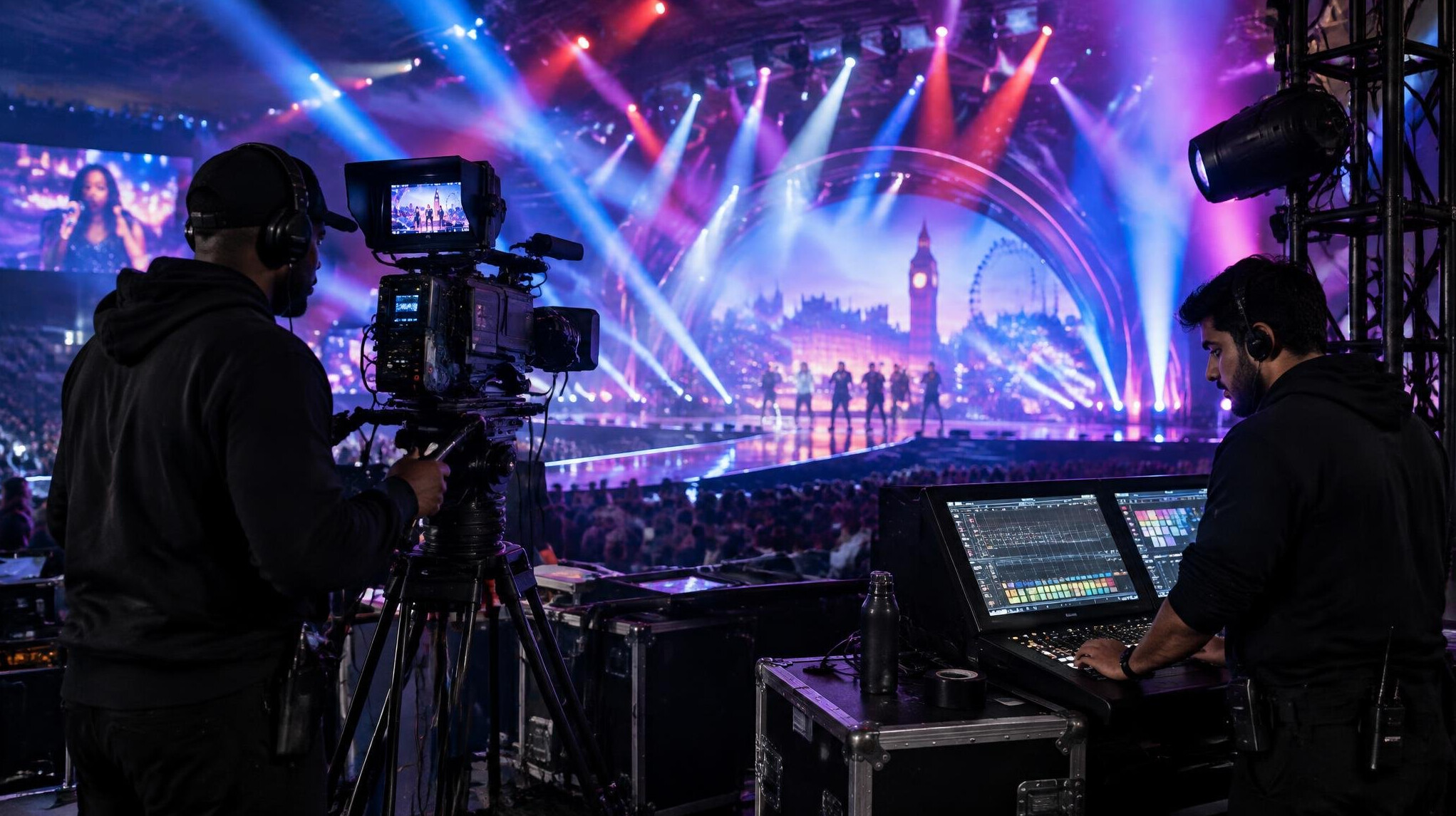Live entertainment event stage with dramatic lighting and camera crew filming