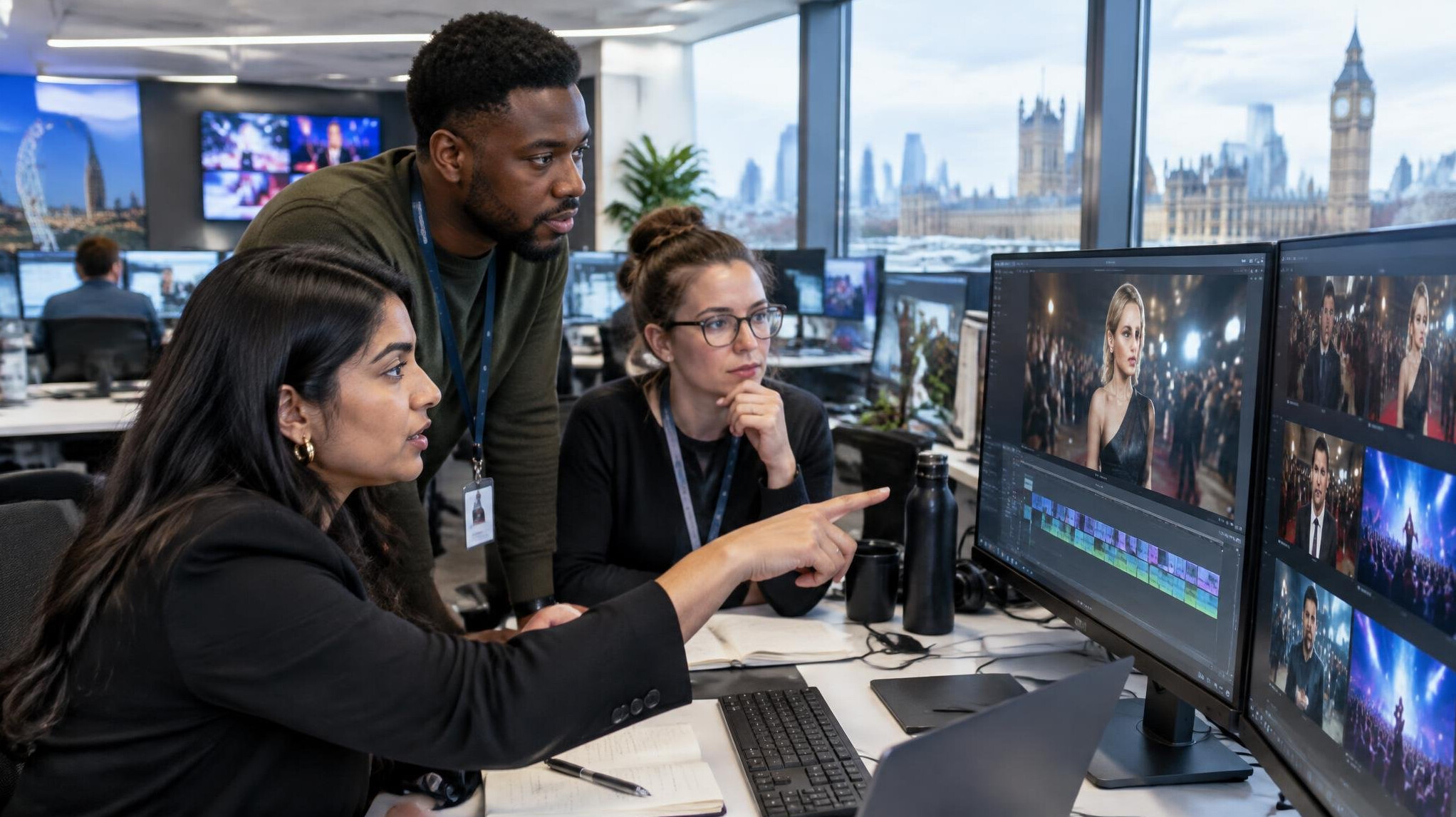 Entertainment newsroom with journalists reviewing show footage