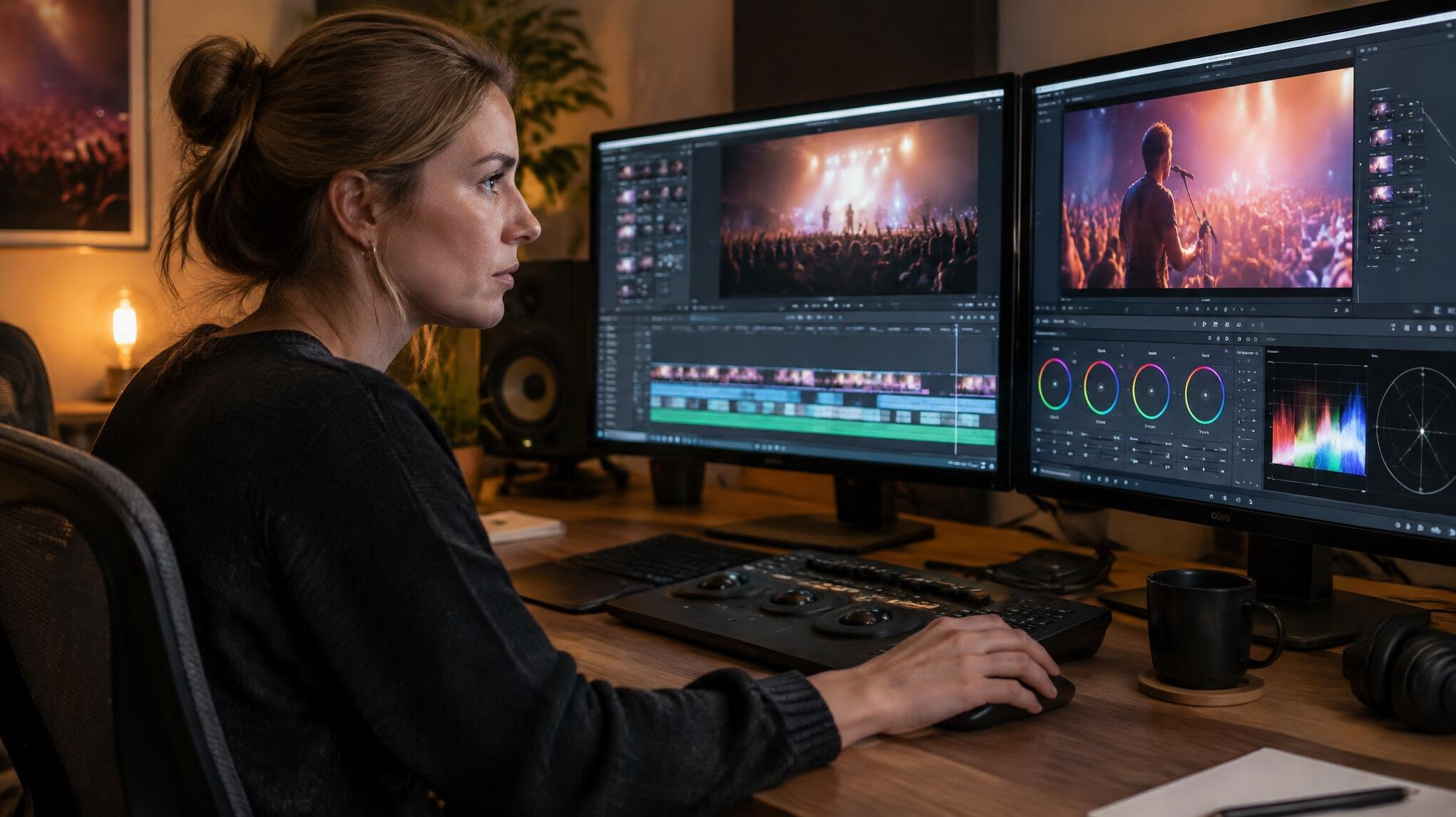 Editor reviewing event footage in an editing suite